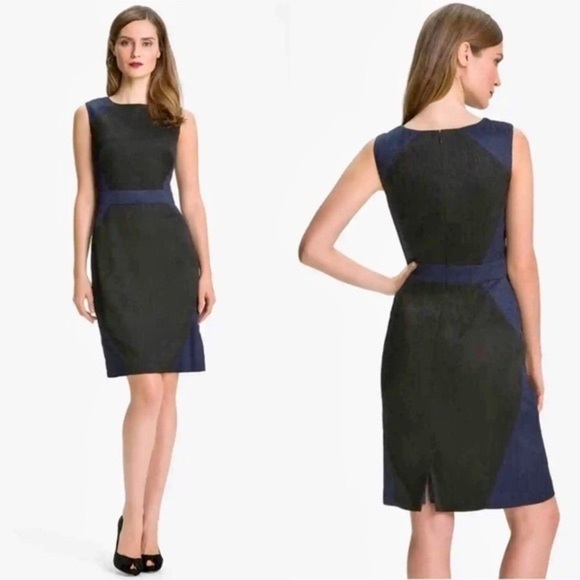 ADRIANNA PAPELL TEXTURED JACQUARD COLORBLOCK SLEEVELESS BLACK BLUE SHEATH DRESS - Picture 1 of 15